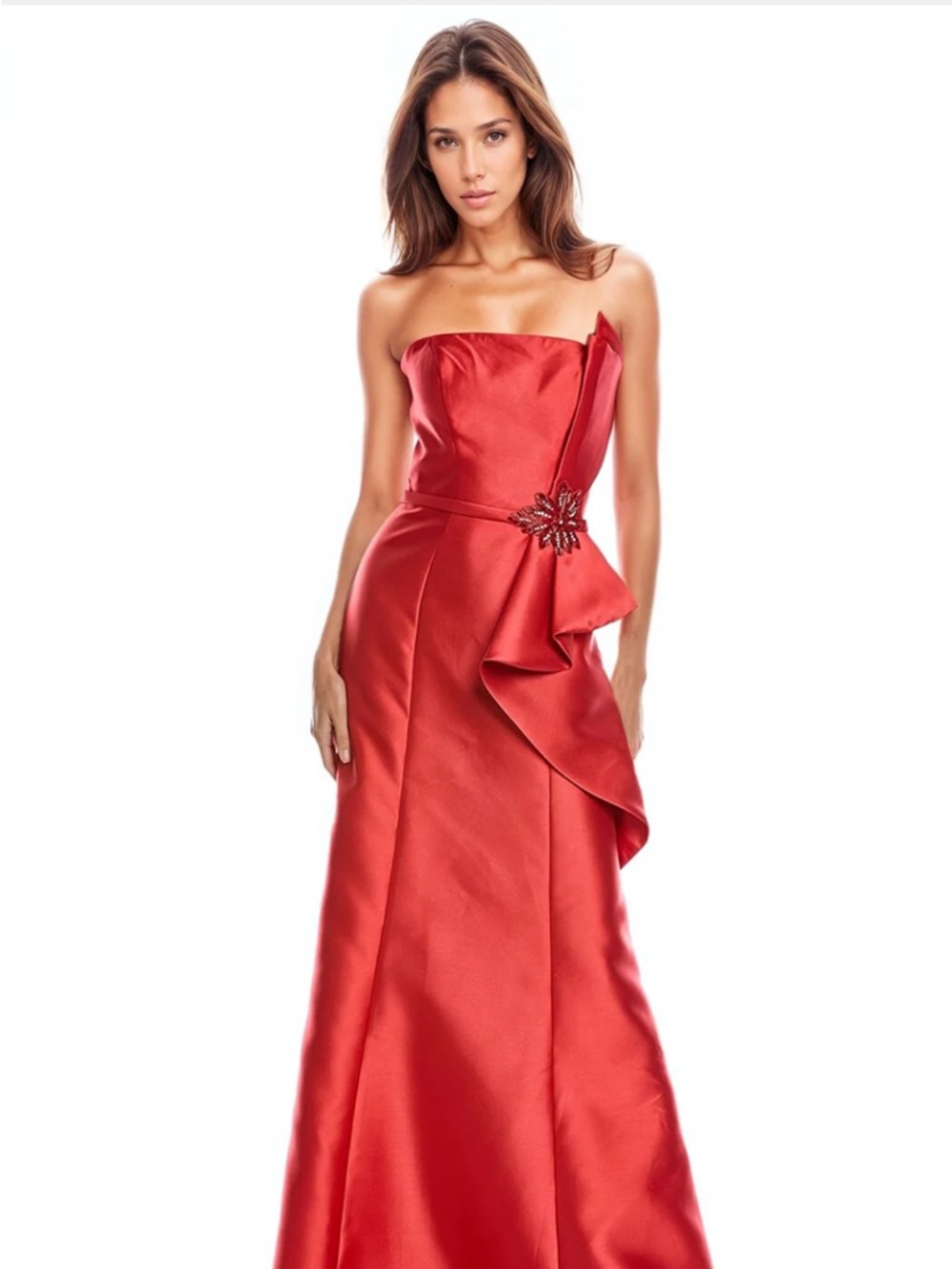 Rene Ruiz Strapless Red Satin Gown with Side Accent